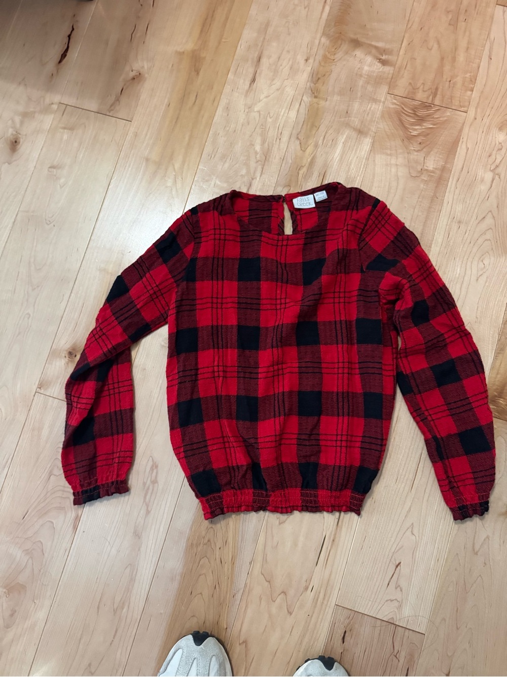 Falls Creek Red and Black Plaid Crewneck Sweater